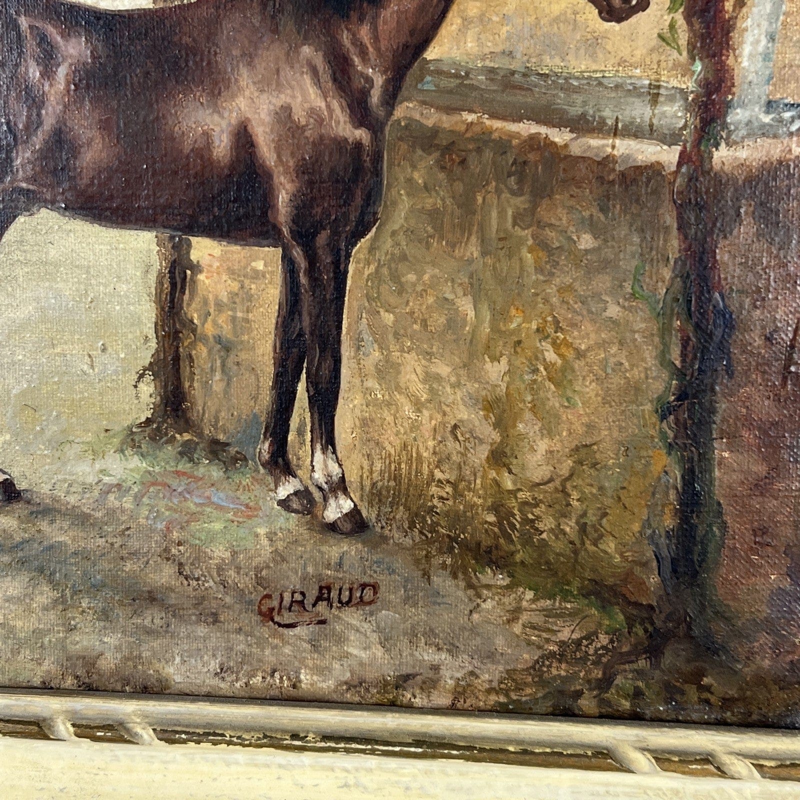 Quadro Antico Dipinto a olio su tela Cavallo Cane Scenario Bucolico Firmato 900 Categoria  Quadri