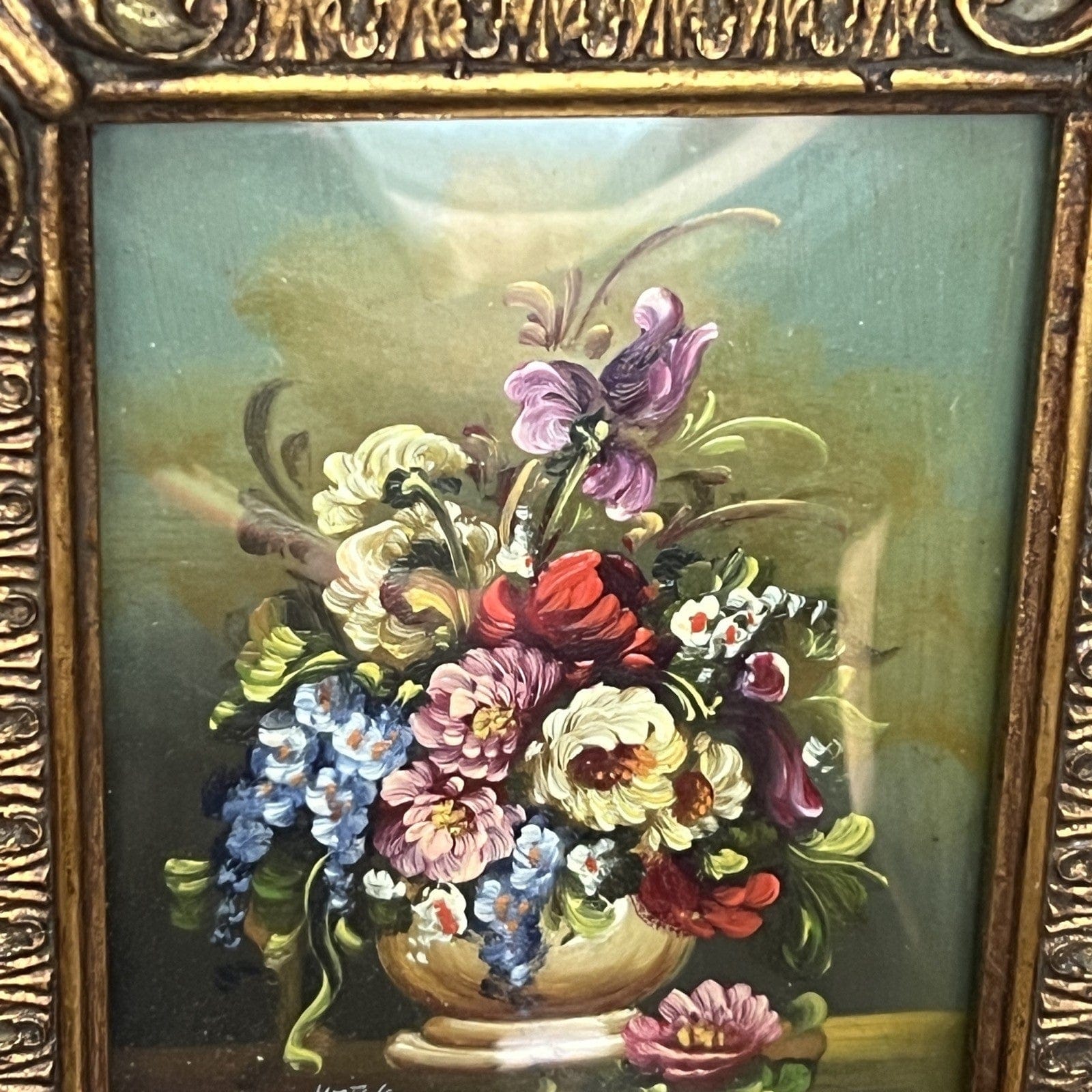 Quadro Antico dipinto Fiori a olio su rame Quadretto con cornice oro Firmato Categoria  Quadri