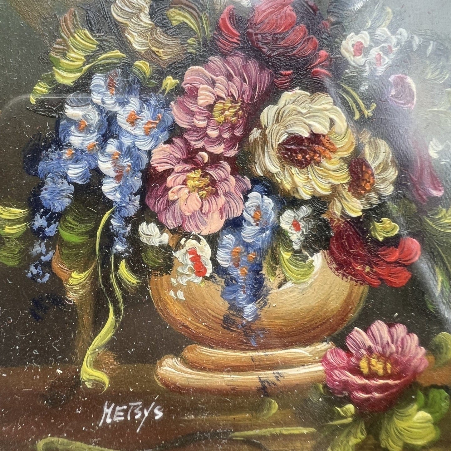 Quadro Antico dipinto Fiori a olio su rame Quadretto con cornice oro Firmato Categoria  Quadri