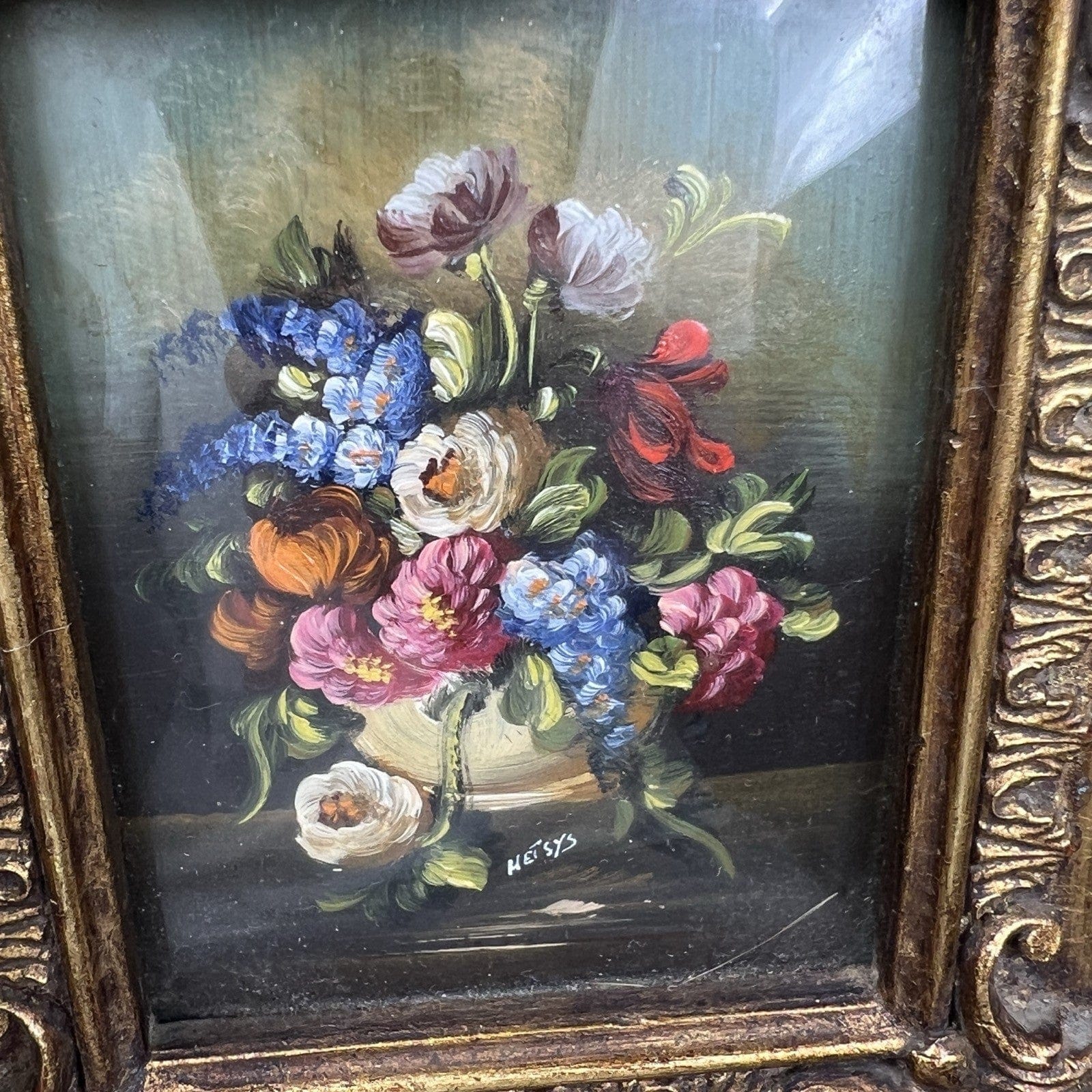 Quadro Antico dipinto Fiori a olio su rame Quadretto con cornice oro Firmato Categoria  Quadri