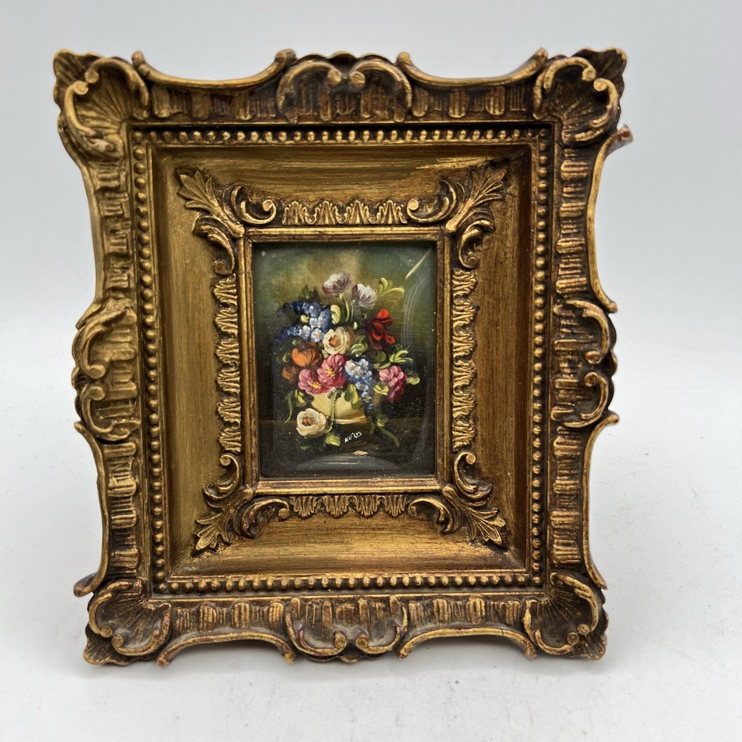 Quadro Antico dipinto Fiori a olio su rame Quadretto con cornice oro Firmato Categoria  Quadri