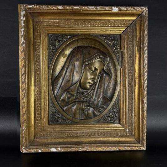 Quadro antico Madonna Addolorata bassorilievo in ottone bronzo con cornice 800 Categoria  Quadri