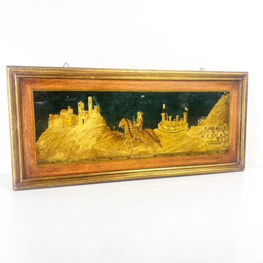 Quadro antico Vintage Litografia su legno dorato Assedio di Montemassi Castello Categoria  Quadri