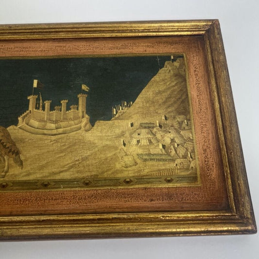 Quadro antico Vintage Litografia su legno dorato Assedio di Montemassi Castello Categoria  Quadri