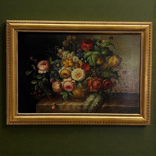 Quadro dipinto a olio su Tela 900 Stile Antico Natura Morta Fiori cornice oro Categoria  Quadri