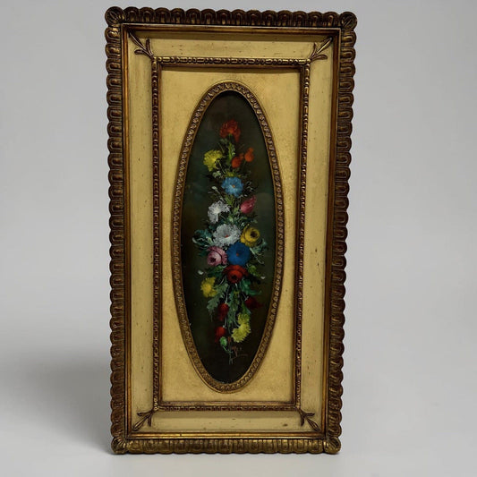 Quadro dipinto olio epoca 900 Fiori con cornice in legno stile Antico Veneziano Categoria  Quadri