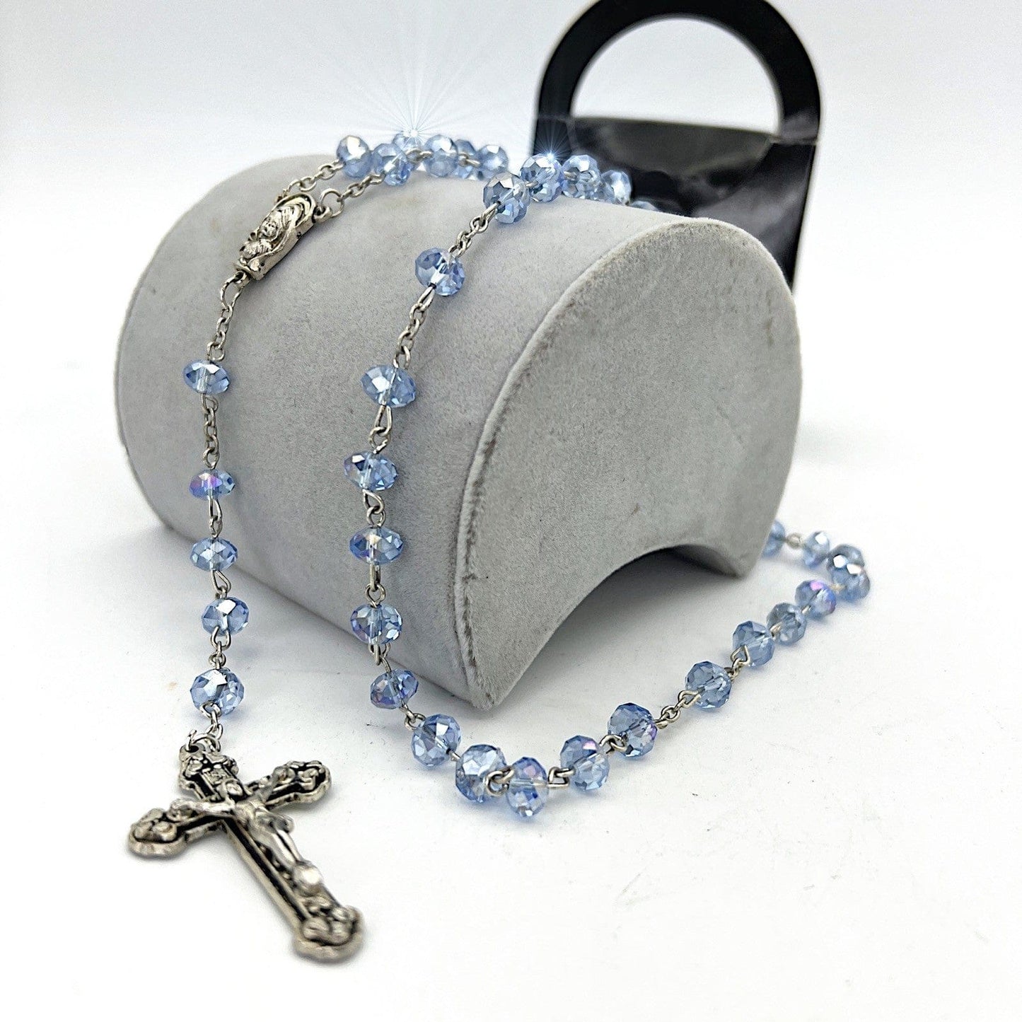 Rosario in Vetro diamantato Celeste vintage crocifisso collana da uomo o donna Categoria  Oggetti sacri - rosari