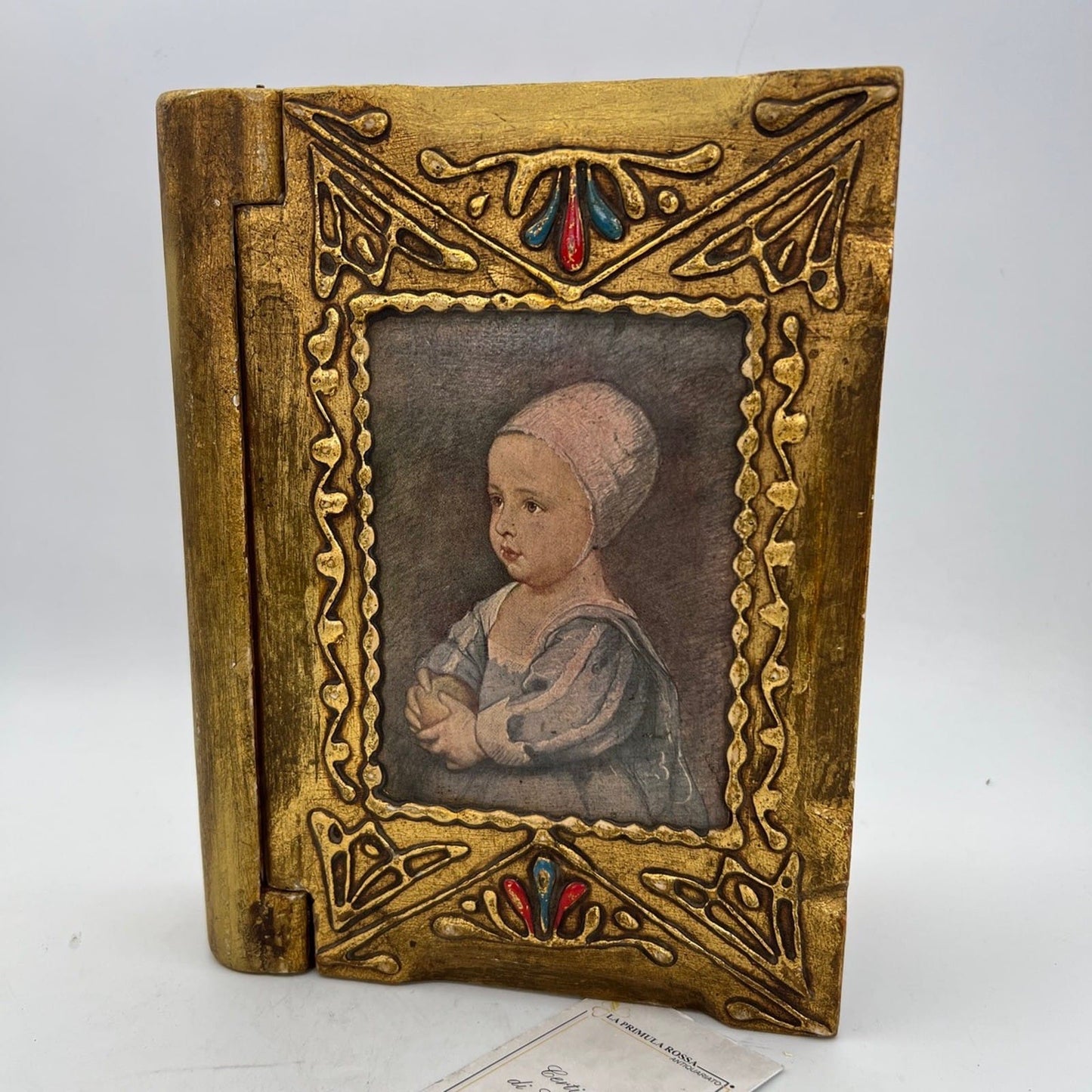 Scatola Fiorentina in legno a forma di finto libro stile antico dorato anni '60 Categoria  Oggetti sacri - rosari