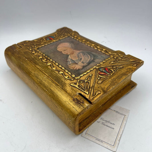 Scatola Fiorentina in legno a forma di finto libro stile antico dorato anni '60 Categoria  Oggetti sacri - rosari