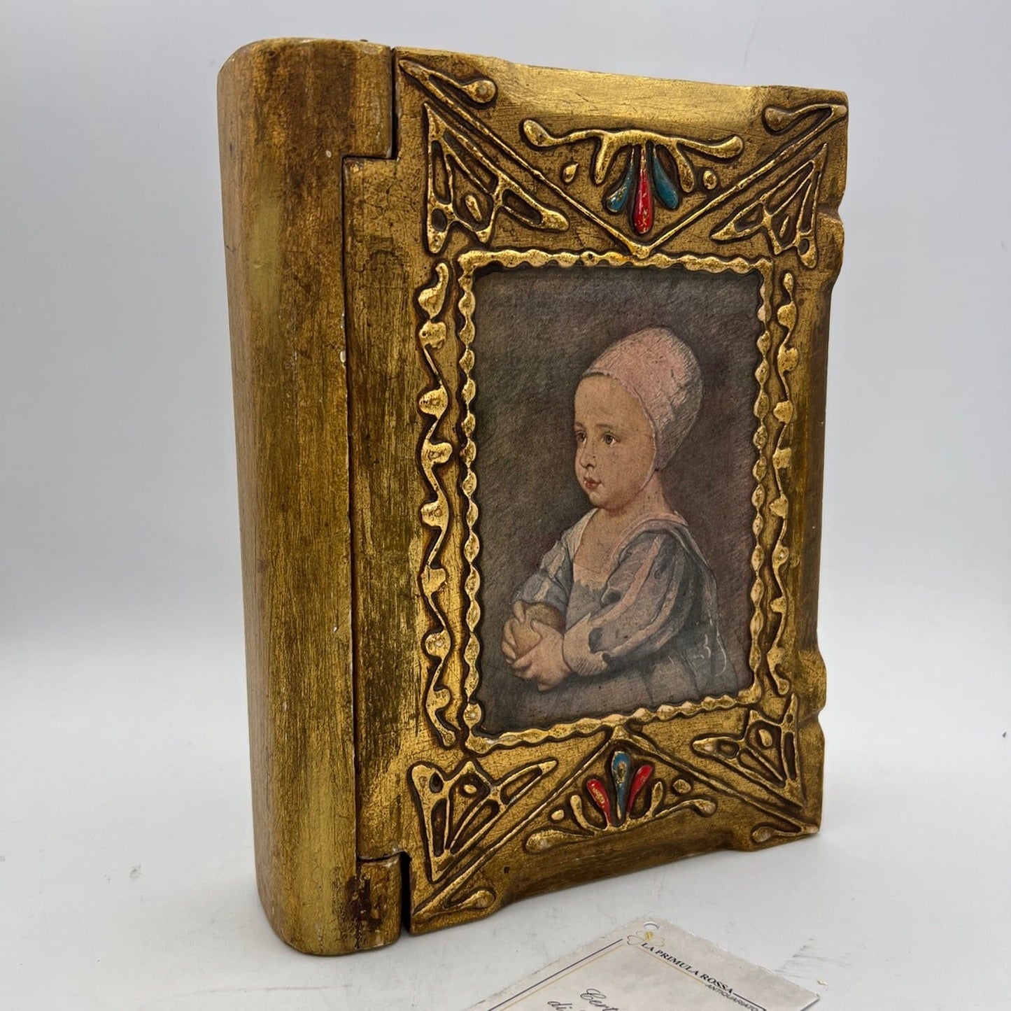 Scatola Fiorentina in legno a forma di finto libro stile antico dorato anni '60 Categoria  Oggetti sacri - rosari