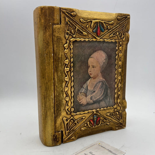 Scatola Fiorentina in legno a forma di finto libro stile antico dorato anni '60 Categoria  Oggetti sacri - rosari