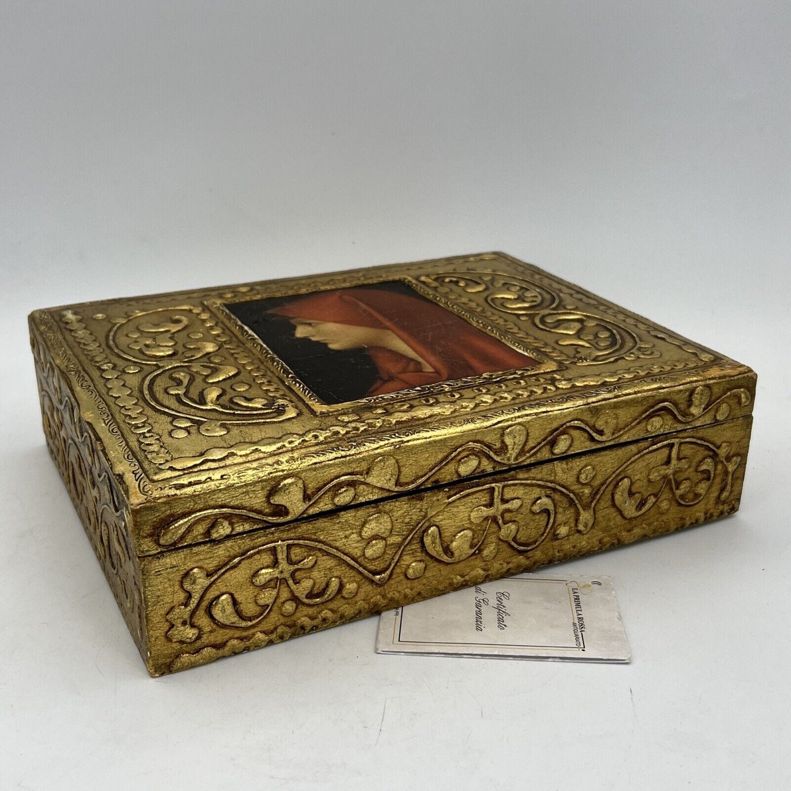 Scatola fiorentina vintage portagioie in legno gesso e oro Santa Fabiola anni 50 Categoria  Scatole in legno