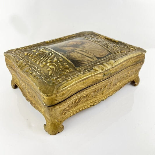 Scatola fiorentina vintage portagioie in legno oro Santa Caterina da Siena 1950 Categoria  Scatole in legno