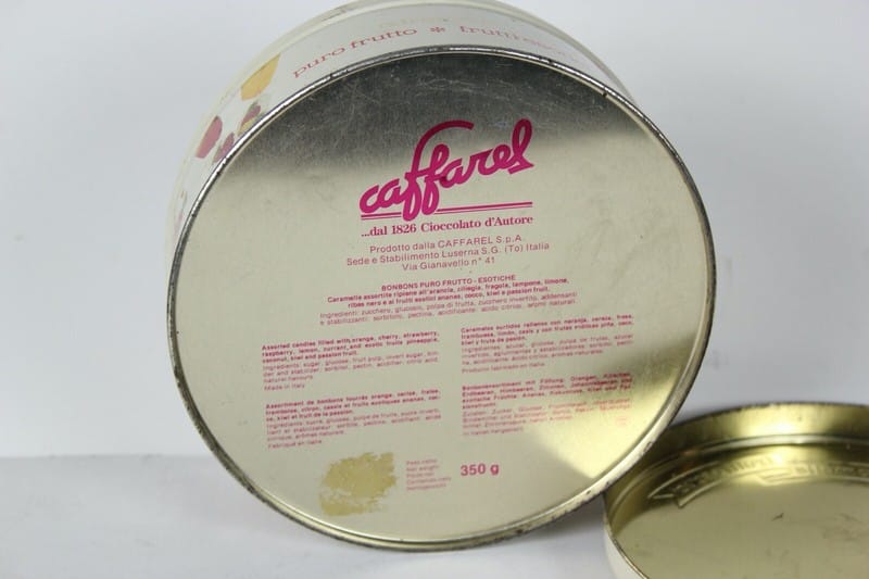 Scatola in latta vintage da collezione di caramelle rotonda vecchia CAFFAREL Categoria  Pubblicità vintage