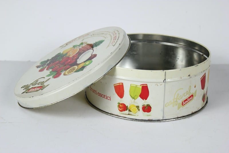 Scatola in latta vintage da collezione di caramelle rotonda vecchia CAFFAREL Categoria  Pubblicità vintage