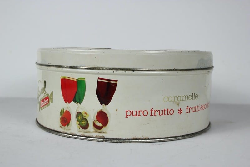 Scatola in latta vintage da collezione di caramelle rotonda vecchia CAFFAREL Categoria  Pubblicità vintage