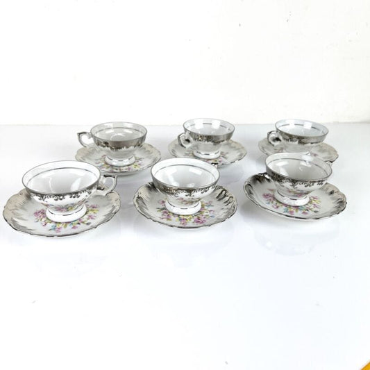 Servizio da caffe antico in porcellana Bavaria tazze tazzine a fiori e argento Categoria  Servizio tazze - Tazze