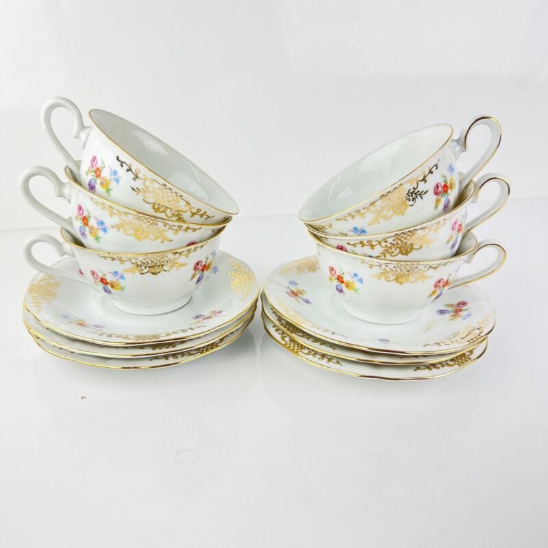 Servizio da tè the antico in porcellana bianca oro Bavaria 6 tazze decoro fiori Categoria  Ceramiche e Porcellane