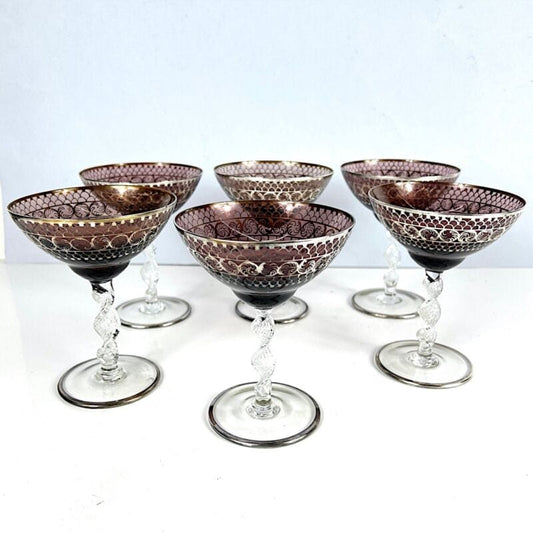 Set Bicchieri Coppe Champagne in vetro di murano soffiato argento Calici liberty Categoria  Vetri e Cristalli