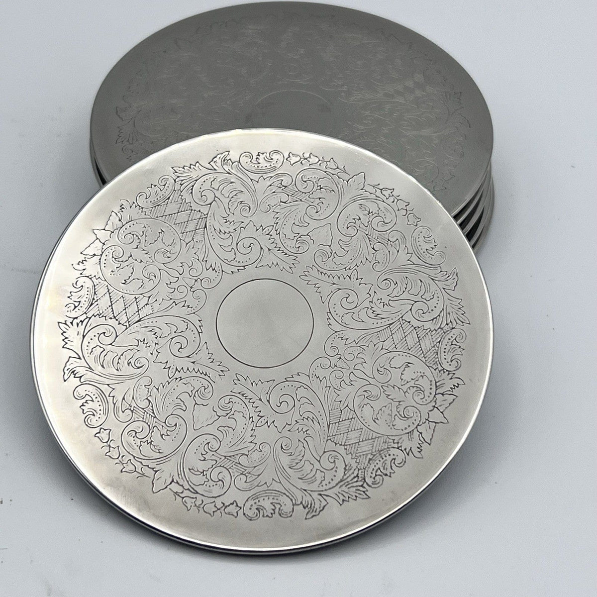 Set di sei sottobicchieri vintage in silver plate sottobottiglia inciso per vino Categoria  Sheffield & Argento