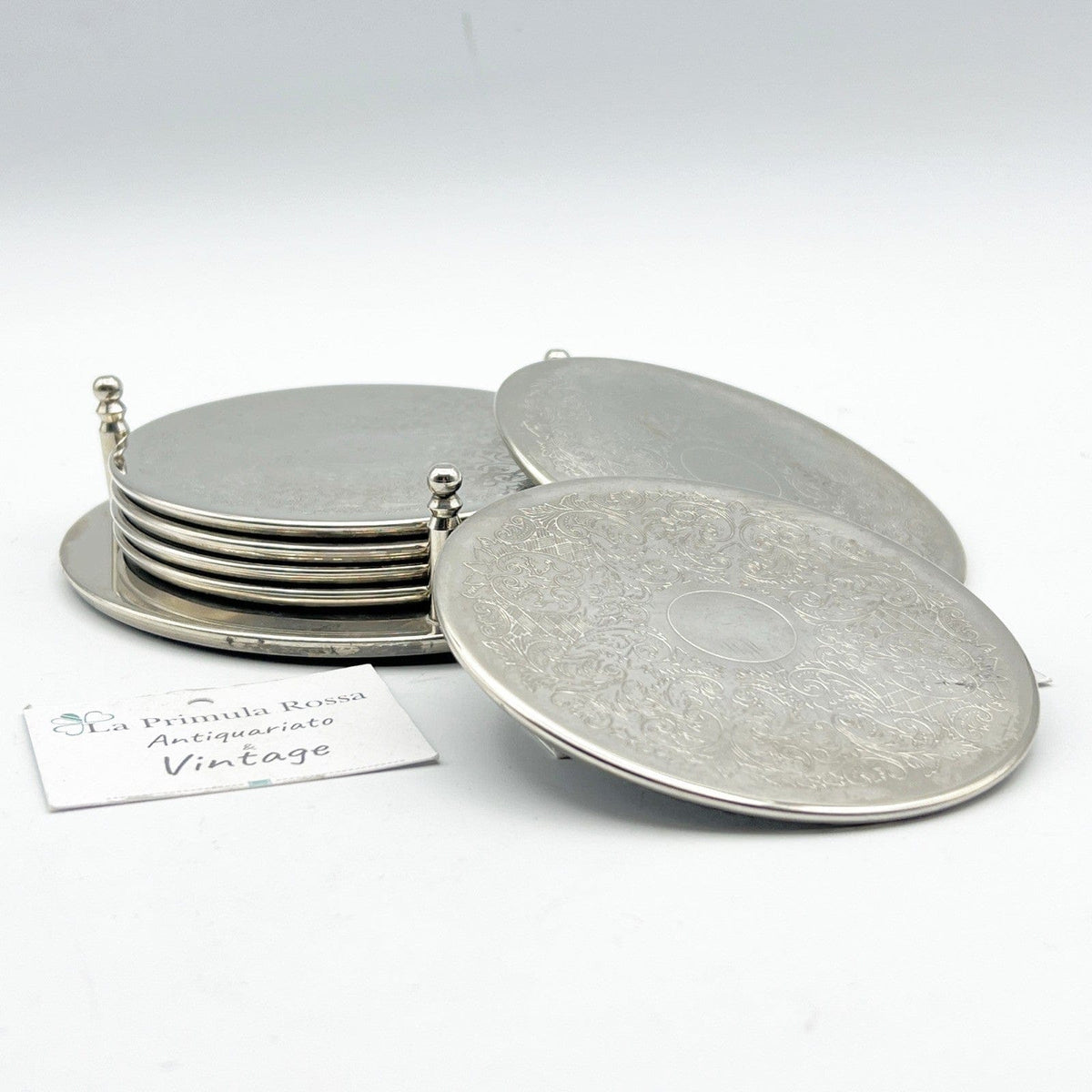 Set di sei sottobicchieri vintage in silver plate sottobottiglia inciso per vino Categoria  Sheffield & Argento