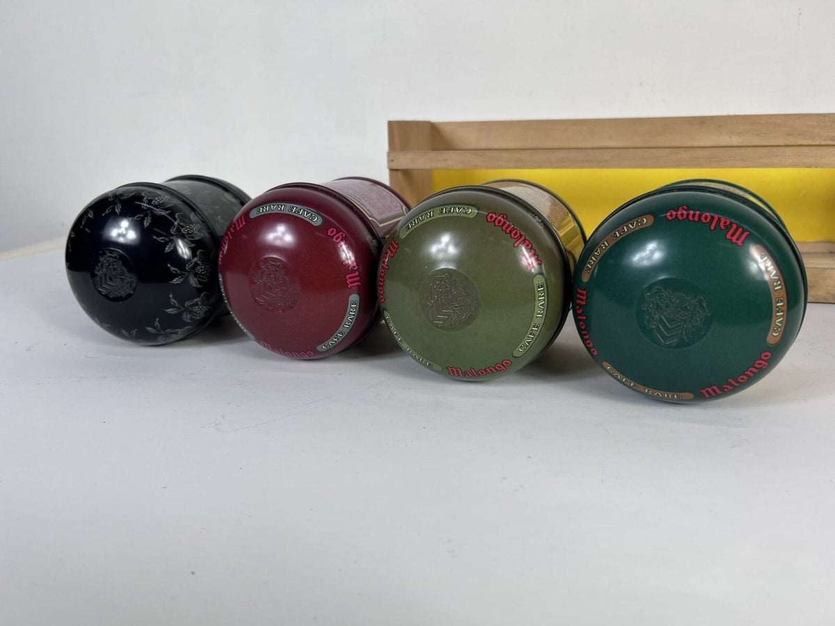 Set Scatole Da Caffè  Malongo Vintage In Latta Con Mensolina Quattro Barattoli Categoria  Pubblicità vintage