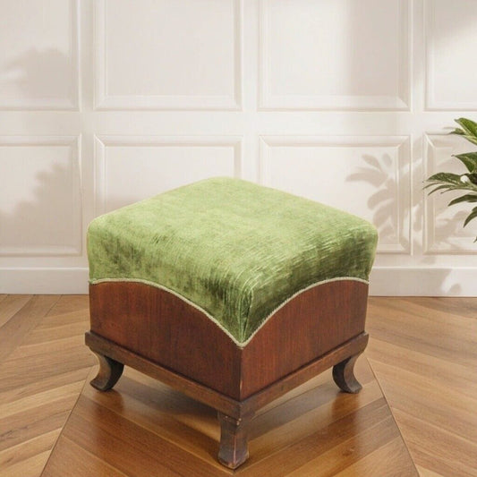 Sgabello poggiapiedi stile antico in legno pouf con tessuto Verde epoca 900 Categoria  Sgabelli - Pouf - Poggiapiedi
