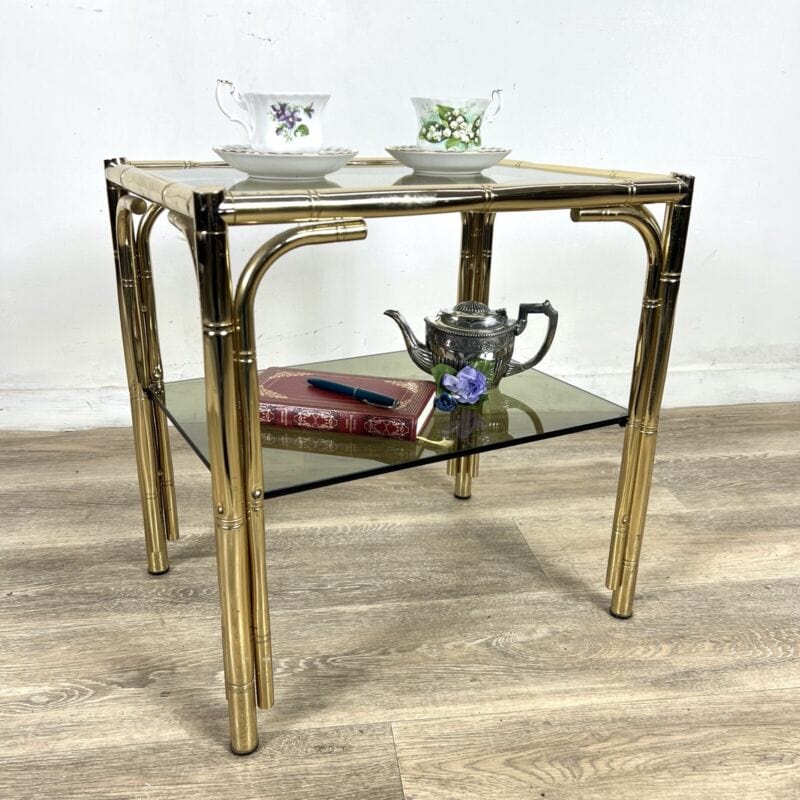 Tavolino tavolo vintage in ottone finto bambu vetro da salotto anni 70 di design Categoria  Tavoli - tavolinetti