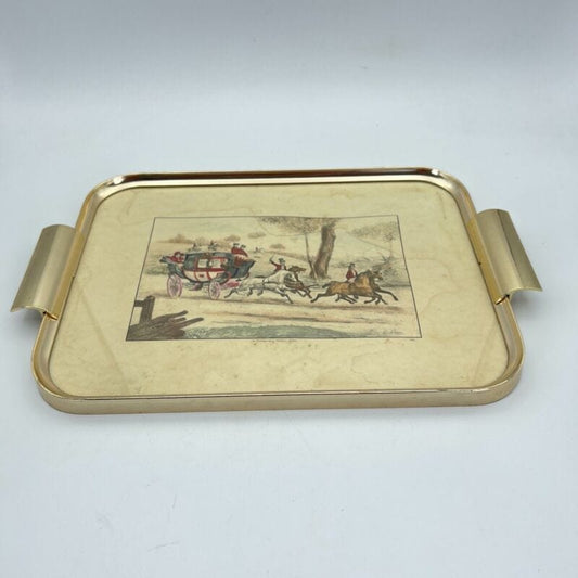 Vassoio metallo ottonato anni 70 con stampa antica carrozza guantiera vintage Categoria  Vassoi