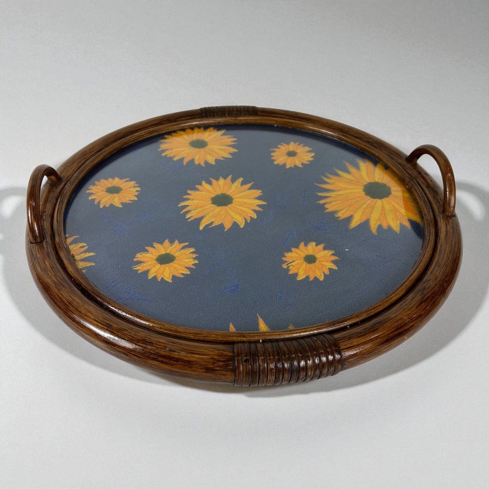 Vassoio Vintage in legno di Bambu anni 70 con tessuto Girasoli  guantiera Bamboo Categoria  Vassoi