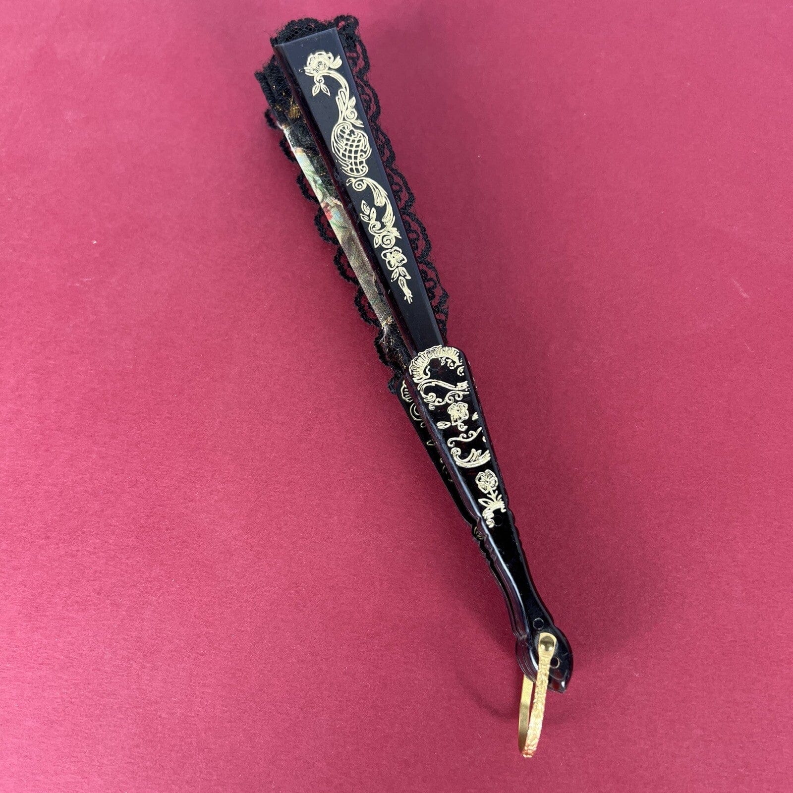 Ventaglio vintage spagnolo Nero in pizzo per signora traforato dipinto Flamenco Categoria  Ventagli