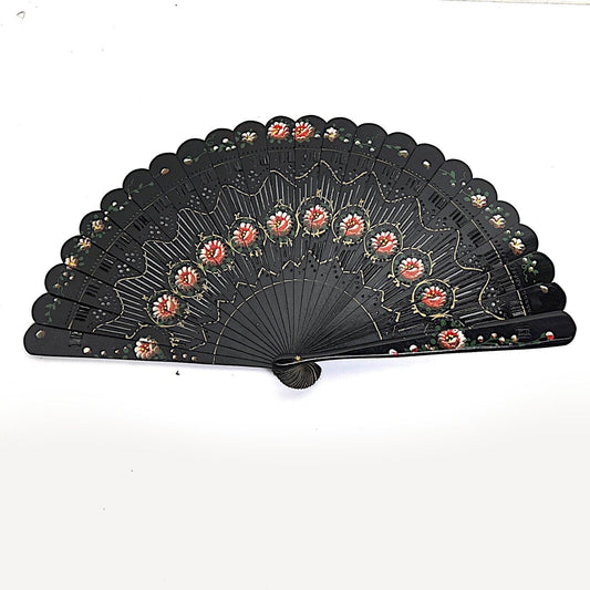 Ventaglio vintage spagnolo Nero per signora in legno traforato dipinto a fiori Categoria  Ventagli