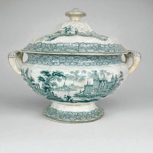 Zuppiera antica inglese in ceramica Legumiera epoca 800 Vittoriana bianca verde Categoria  Zuppiere