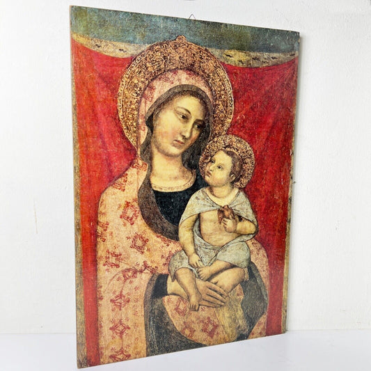 Madonna con il bambino La Vergine col figlio antica stampa legno Icona religiosa