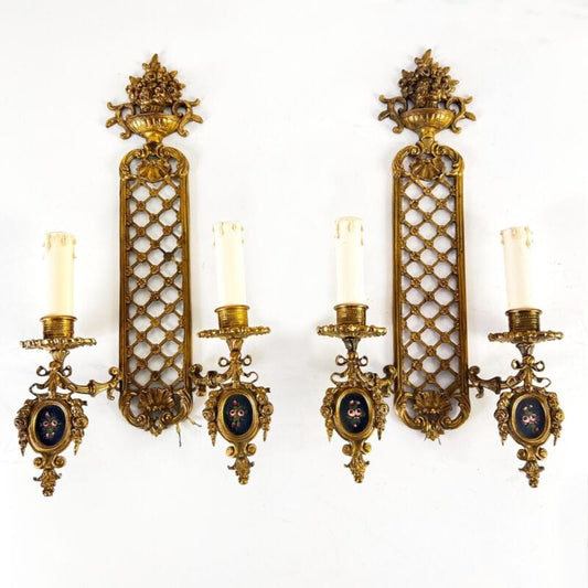 Antica coppia di Applique in ottone bronzo a due luci Lampade stile Luigi XVI Lampade Appliques