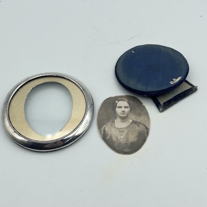 Antica Cornice portafoto in argento 800 vintage piccolo portaritratto rotondo Sheffield & Argento