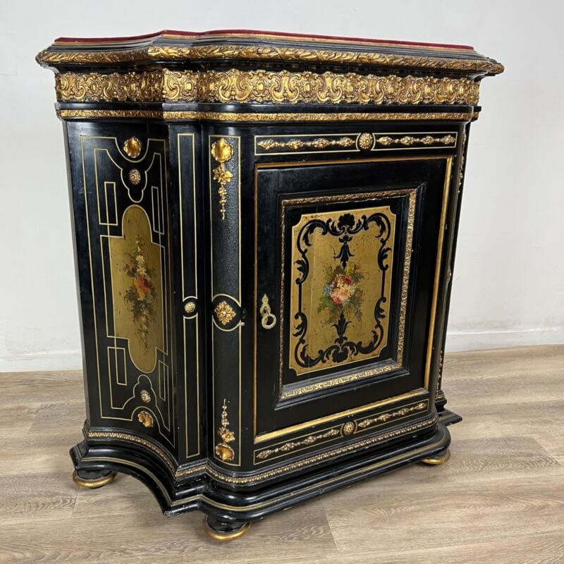 Antica credenza Napoleone III in stile Boulle legno ebanizzato nero e Dipinti Arredamento