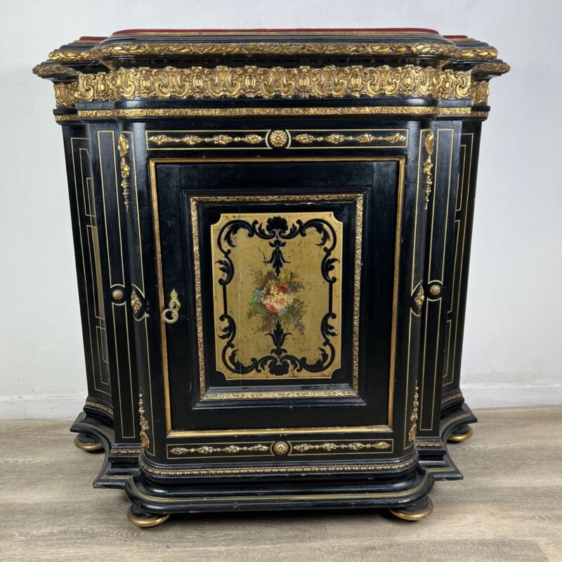 Antica credenza Napoleone III in stile Boulle legno ebanizzato nero e Dipinti Arredamento