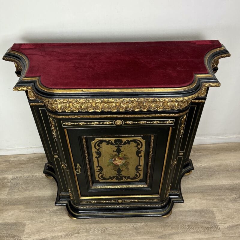 Antica credenza Napoleone III in stile Boulle legno ebanizzato nero e Dipinti Arredamento
