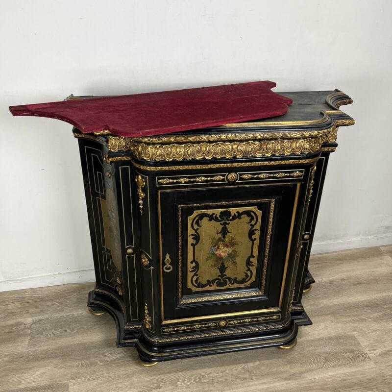 Antica credenza Napoleone III in stile Boulle legno ebanizzato nero e Dipinti Arredamento