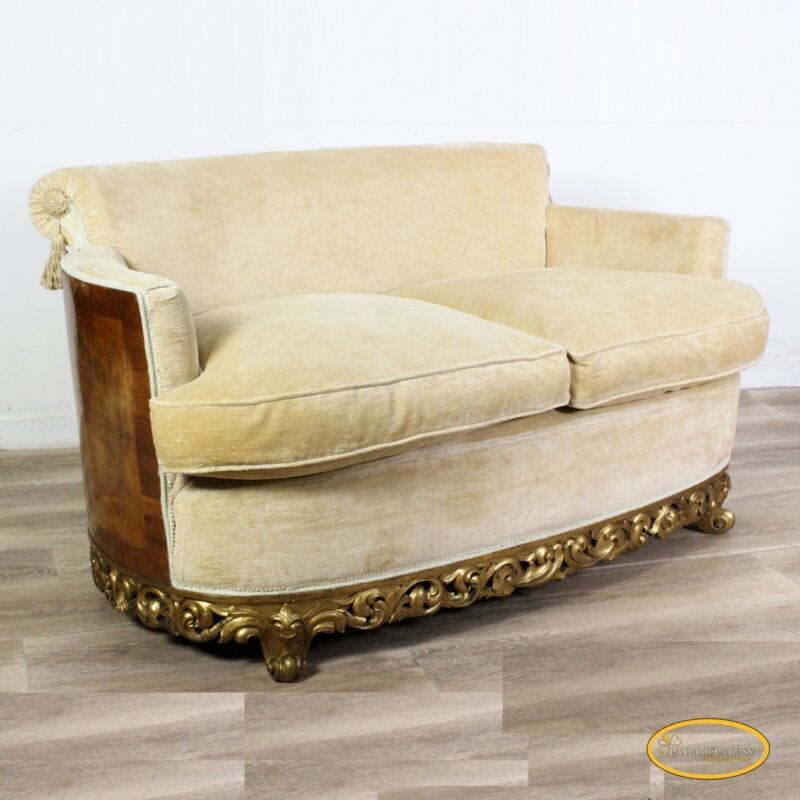 Antica divano salotto due posti art deco divanetto beige vintage in legno noce Arredamento