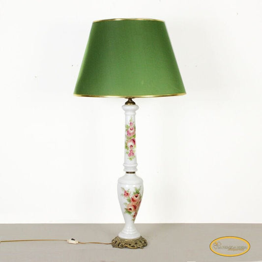 Antica lampada da tavolo in vetro opaline con fiori dipinti paralume verde 900 Lampade Appliques