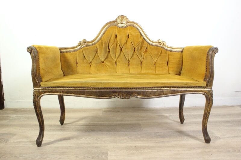 Antica Panchetta dormeuse imbottita gialla divanetto vintage legno oro due posti Arredamento