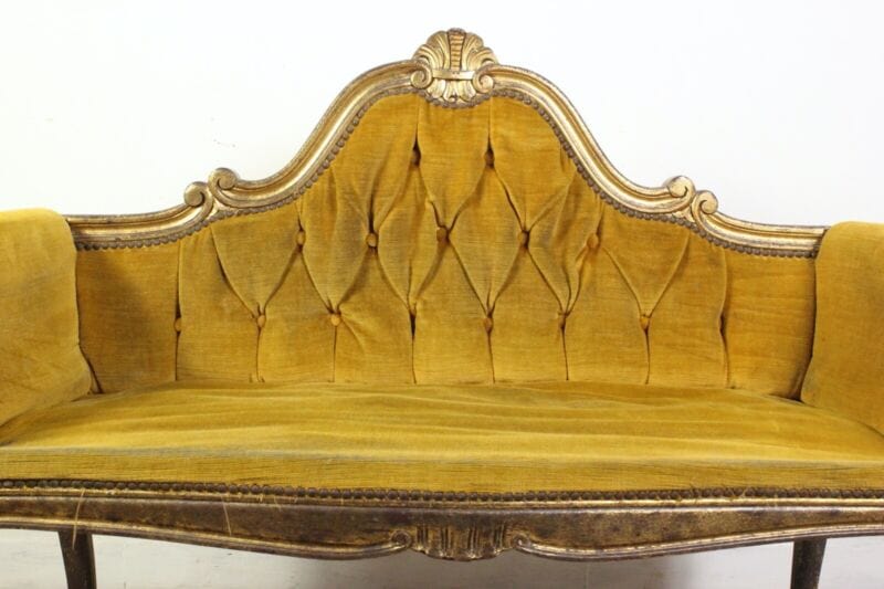 Antica Panchetta dormeuse imbottita gialla divanetto vintage legno oro due posti Arredamento