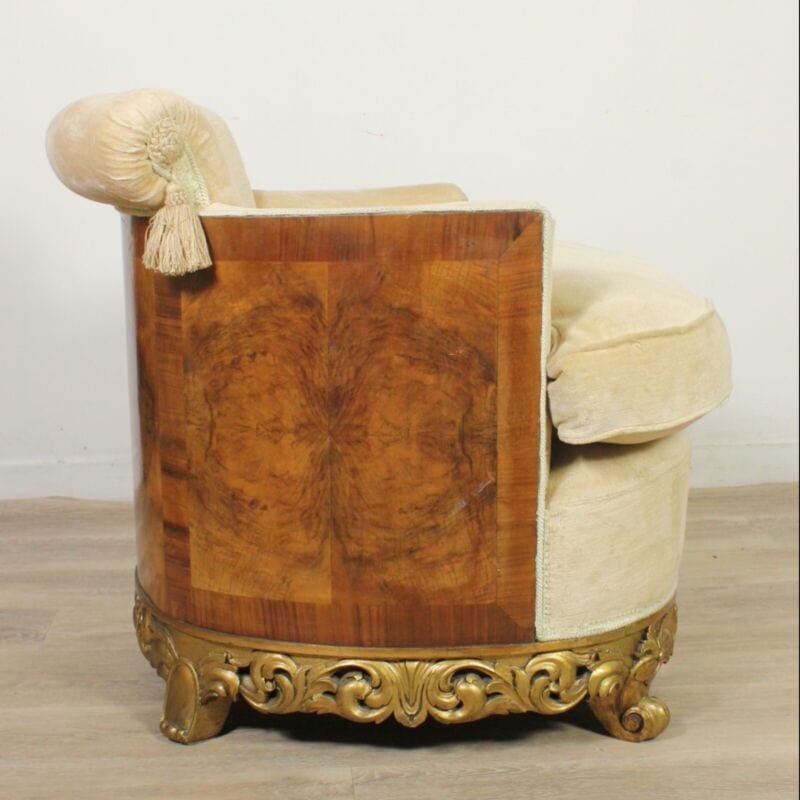 Antica poltrona poltroncina art deco sedia imbottita beige vintage in legno noce Arredamento