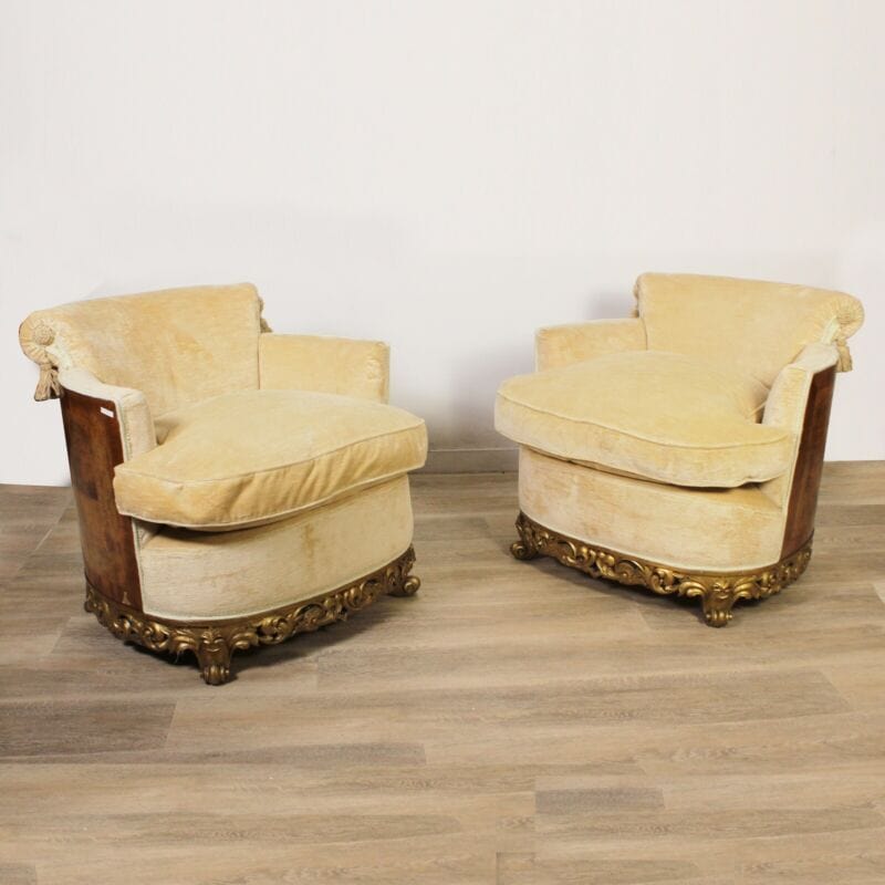 Antica poltrona poltroncina art deco sedia imbottita beige vintage in legno noce Arredamento