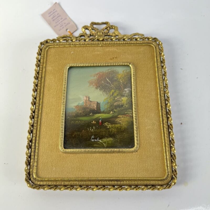 Antichi quadretti in miniatura Dipinti vintage cornice ottone bronzo con fiocco Quadri