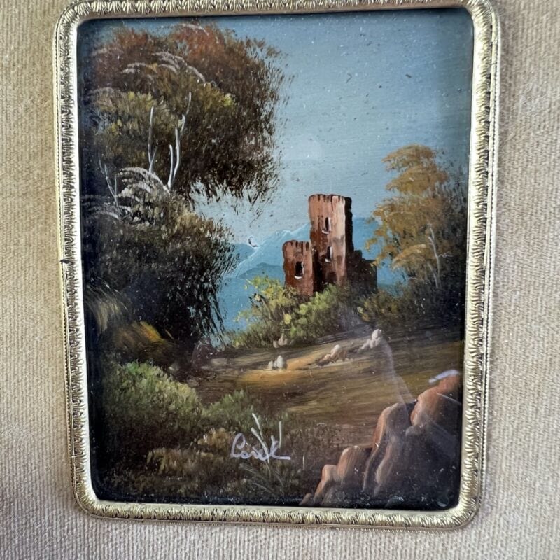 Antichi quadretti in miniatura Dipinti vintage cornice ottone bronzo con fiocco Quadri