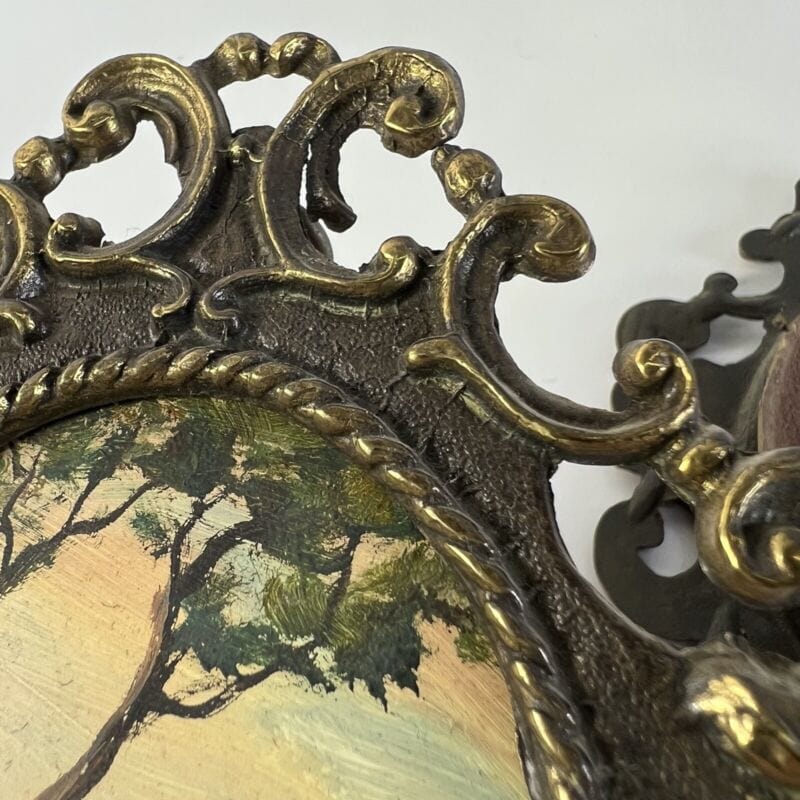 Antichi quadretti in Miniatura vintage cornice Ovale ottone Due Dipinti firmati Quadri