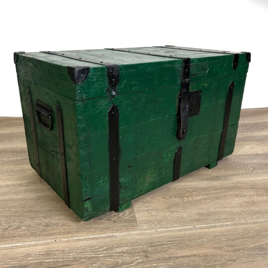 Antico Baule in legno da viaggio verde cassapanca 900 vecchio forziere d'epoca Arredamento